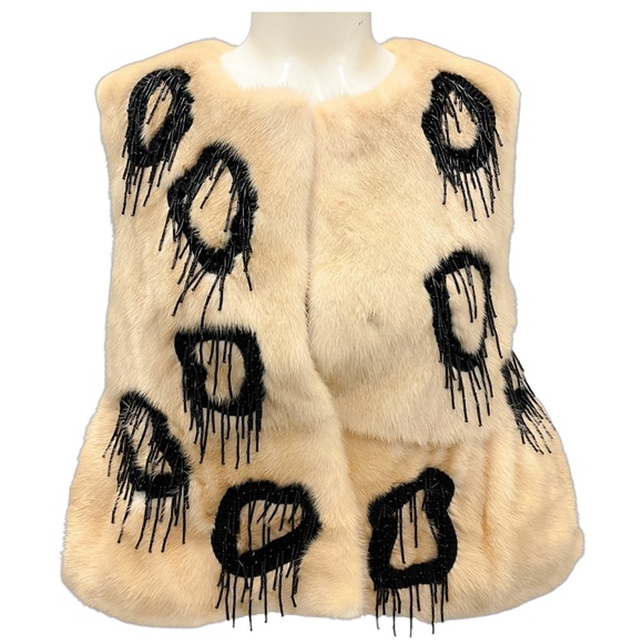 CO BLONDE / BLACK BEAD EMBELLISHED MINK FUR SHORT VEST - Picture 1 of 6